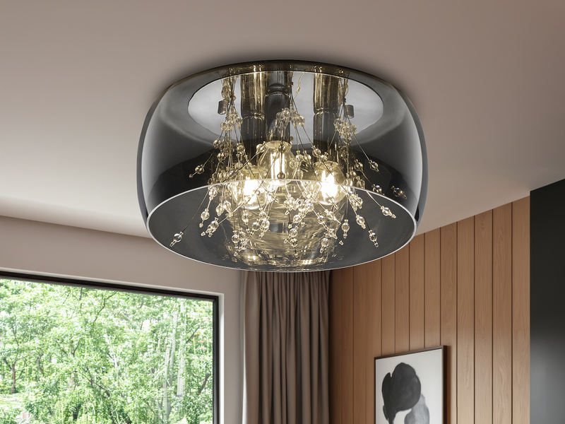 Kristall Deckenleuchte CRYSTEL Glas Chrom verspiegelt & Rauchglas Optik, Ø 34cm