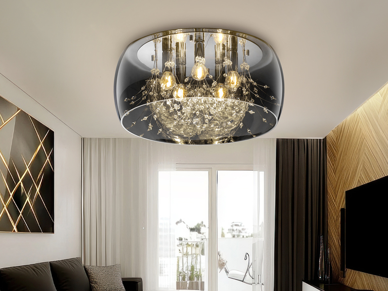 Kristall Deckenleuchte CRYSTEL Glas Chrom verspiegelt & Rauchglas Optik, Ø 50cm