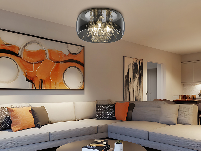 Kristall LED Deckenleuchte Glas Chrom verspiegelt & Rauchglas Optik, Ø 34cm