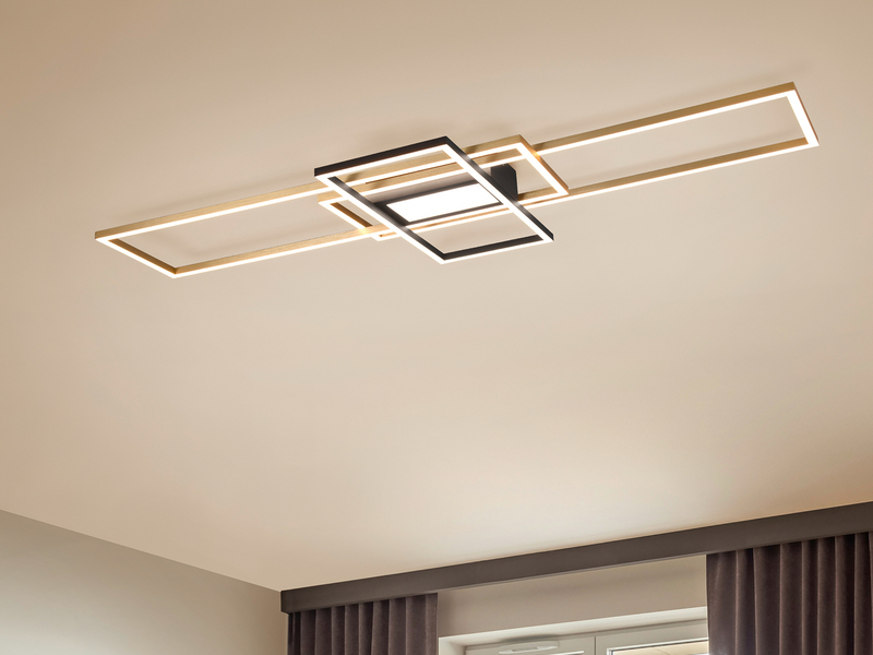 Große LED Deckenleuchte IRVINE Schwarz Gold mit Fernbedienung, Breite 105cm