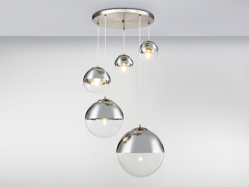 Pendelleuchte VARUS 5-flammig, Glaskugeln Chrom & Klarglas, Ø 65cm