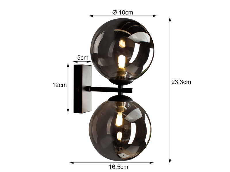 Wandlampe NEPTUN mit Schalter & Rauchglas Glaskugeln Schwarz, Höhe 23cm