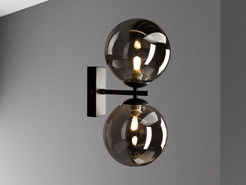 Wandlampe NEPTUN mit Schalter & Rauchglas Glaskugeln Schwarz, Höhe 23cm
