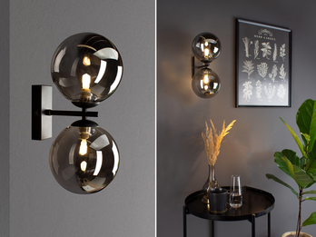 Wandlampe NEPTUN mit Schalter & Rauchglas Glaskugeln Schwarz, Höhe 23cm