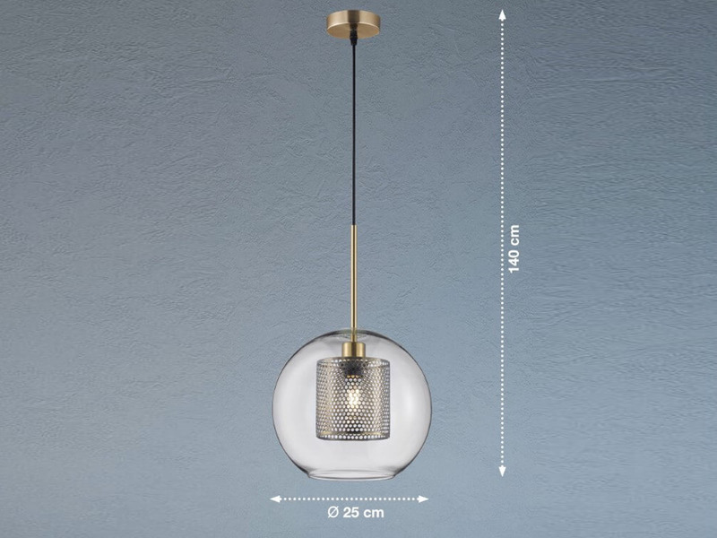 Pendelleuchte JURA mit Glaskugel Lampenschirm, Metall Messing, Ø 25cm