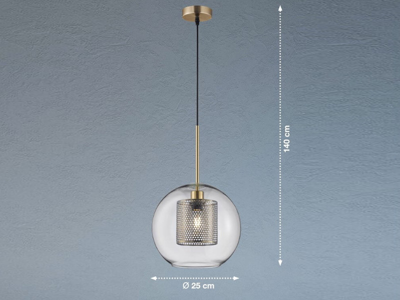 LED Pendelleuchte mit Glaskugel Lampenschirm, Metall Messing, Ø 25cm