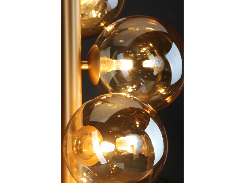 Pendelleuchte NEPTUN 5-flammig in Messing mit Amber Glaskugeln lang, Höhe 183cm