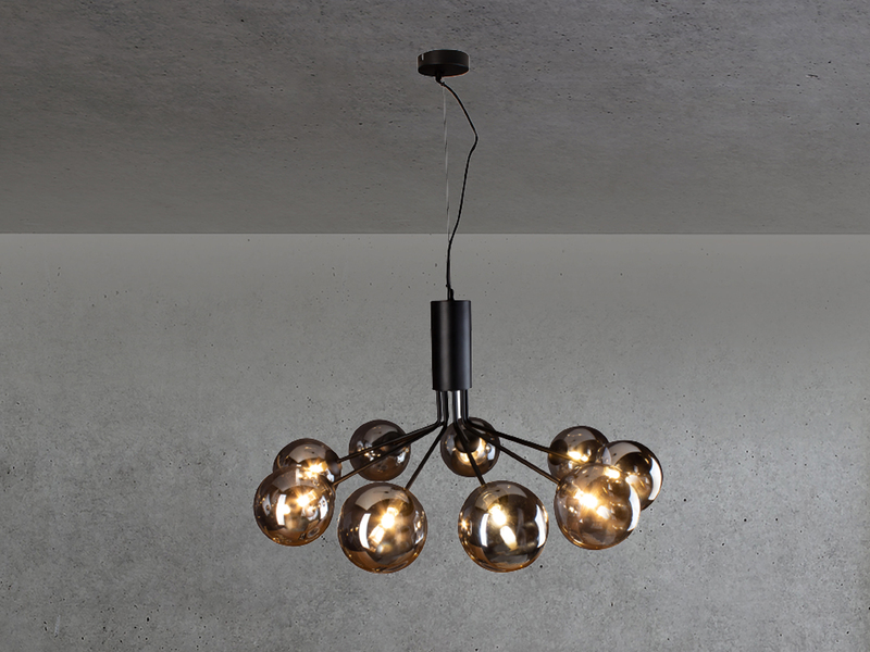 Pendelleuchte NEPTUN 9 flammig Schwarz & Rauchglas Höhe 161cm, Ø 83cm