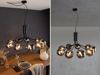 Pendelleuchte NEPTUN 9 flammig Schwarz & Rauchglas Höhe 161cm, Ø 83cm