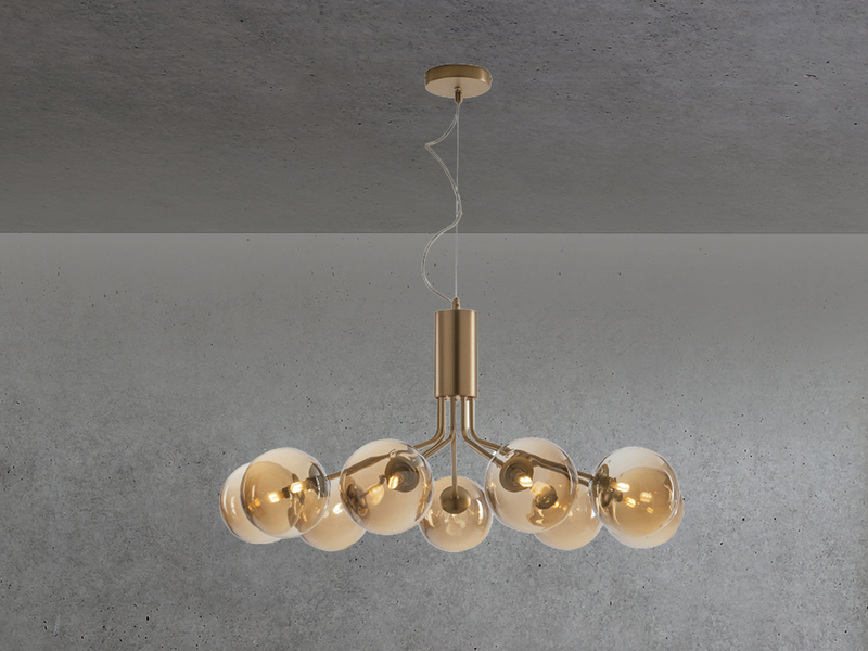 Pendelleuchte NEPTUN 9-flammig Messing & Amberglas, Ø 83cm