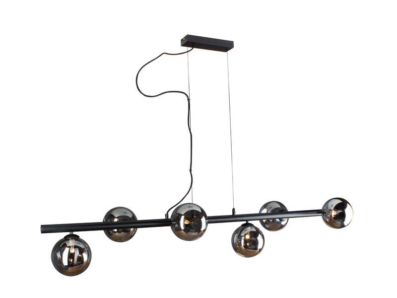 Pendelleuchte NEPTUN 6 flammig Schwarz & Rauchglas 200cm lang, Breite 144cm
