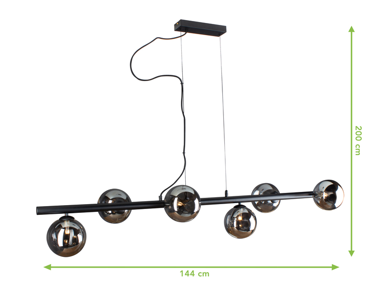 Pendelleuchte NEPTUN 6 flammig Schwarz & Rauchglas 200cm lang, Breite 144cm