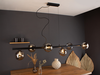 Pendelleuchte NEPTUN 6 flammig Schwarz & Rauchglas 200cm lang, Breite 144cm