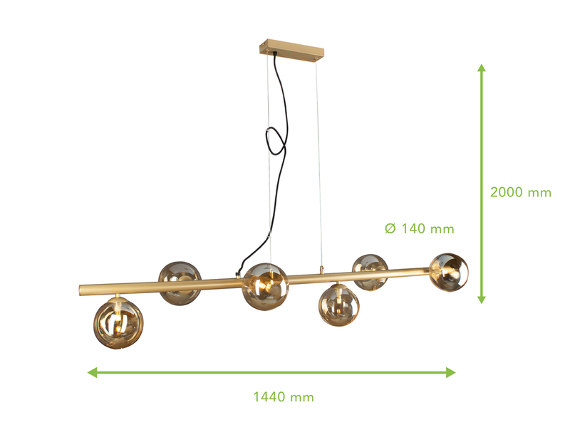 Pendelleuchte NEPTUN 6 flammig Messing & Amberglas 200cm lang, Breite 144cm