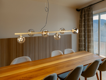 Pendelleuchte NEPTUN 6 flammig Messing & Amberglas 200cm lang, Breite 144cm