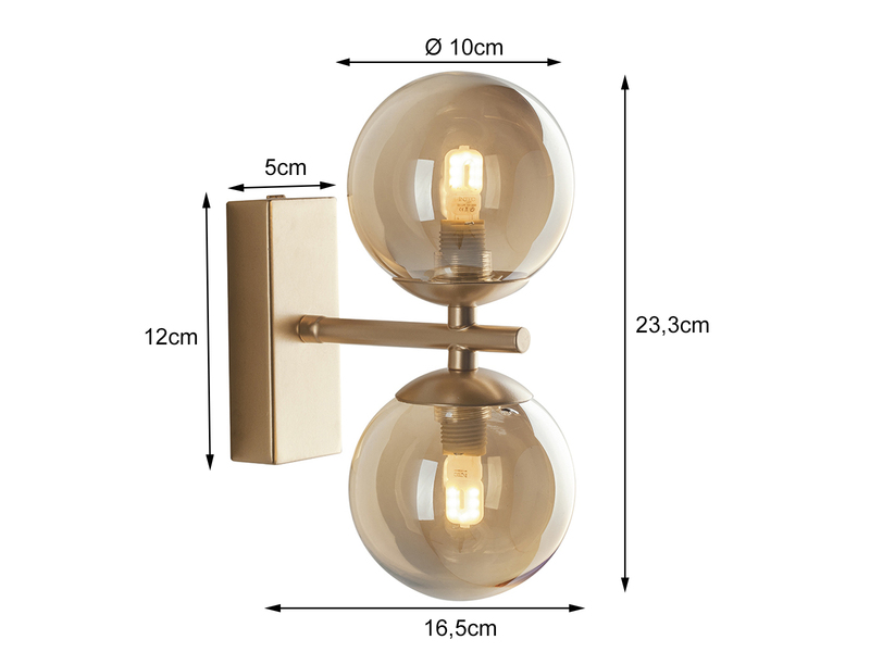 Außergewöhnliche LED Wandlampe Messing - Glaskugeln Amber Ø10cm