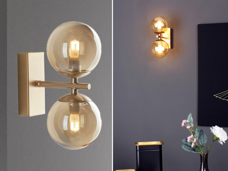 Außergewöhnliche LED Wandlampe Messing - Glaskugeln Amber Ø10cm