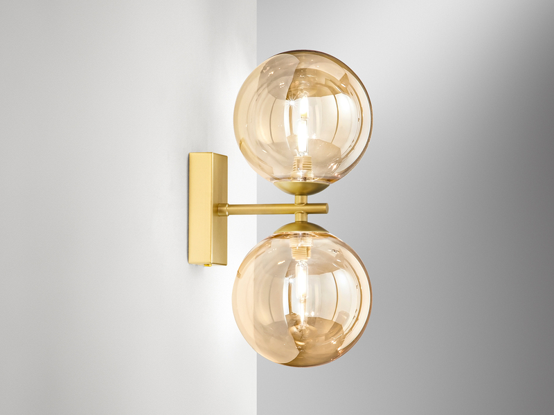 LED Wandleuchte mit Schalter, Gold - Glaskugeln in Bernstein, Höhe 34cm