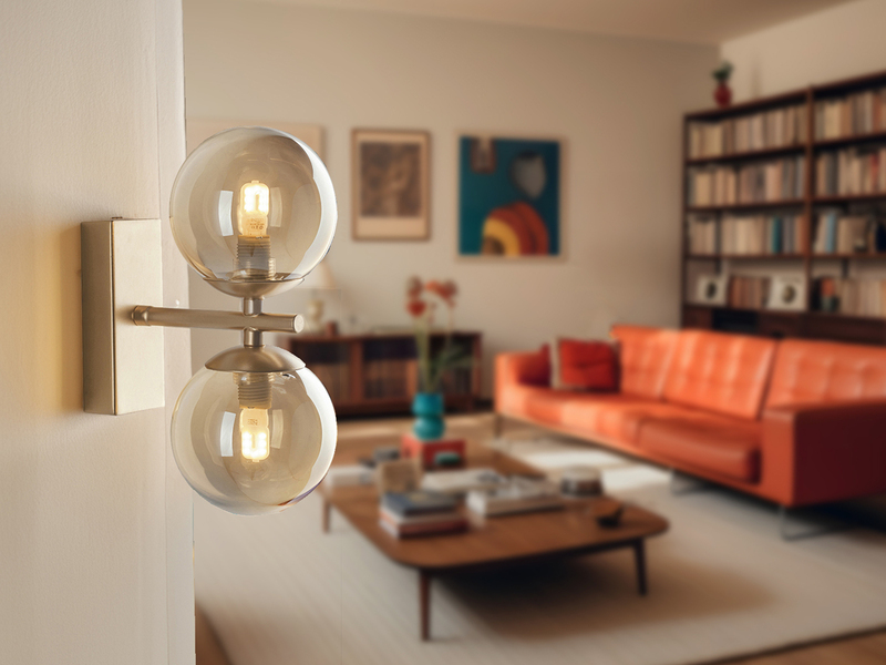 LED Wandleuchte mit Schalter, Gold - Glaskugeln in Bernstein, Höhe 34cm