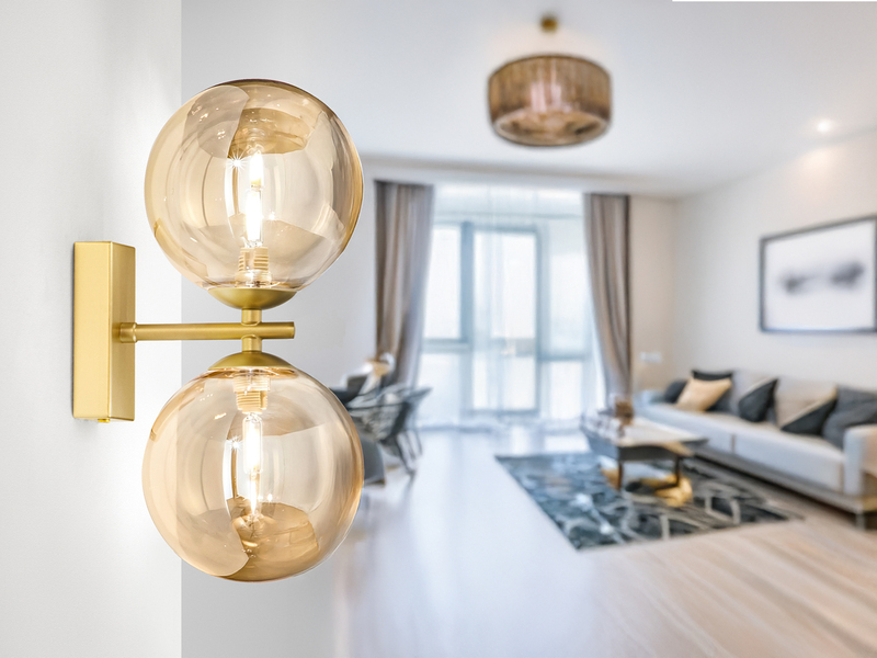 LED Wandleuchte in Gold mit Glaskugeln in Bernstein, Höhe 34cm