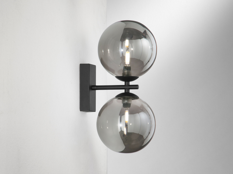 LED Wandleuchte mit Schalter, Schwarz Glaskugeln Rauchglas, Höhe 34cm