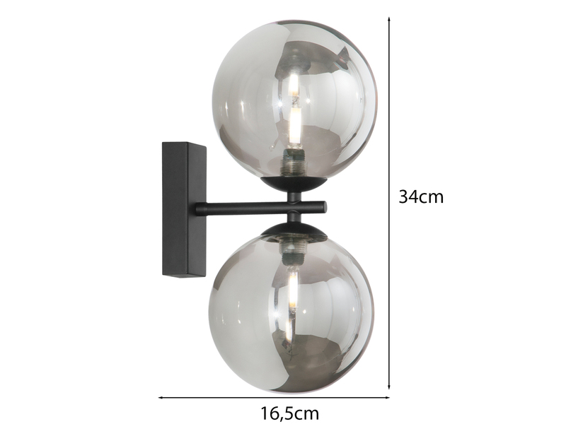 LED Wandleuchte mit Schalter, Schwarz Glaskugeln Rauchglas, Höhe 34cm