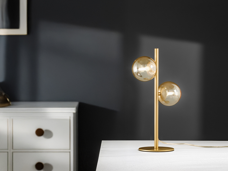 Ausgefallene LED Tischleuchte Gold - Glaskugeln Bernstein, Höhe 40cm