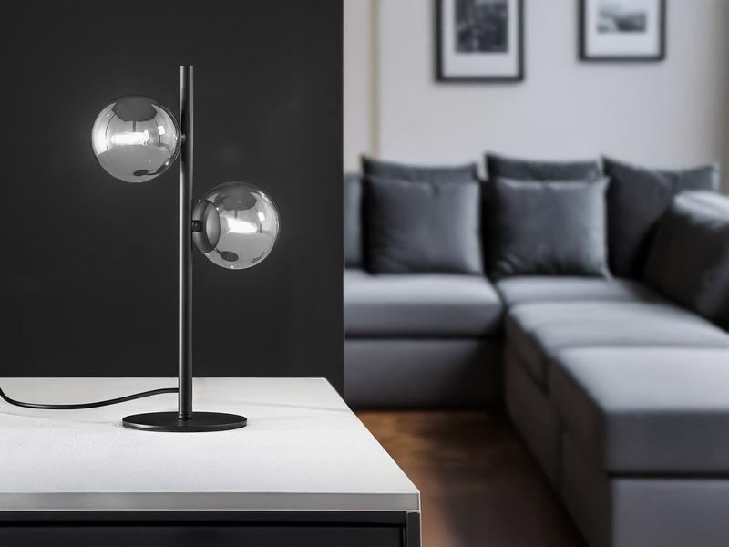 Ausgefallene LED Tischleuchte Schwarz - Glaskugeln Rauchglas, Höhe 40cm