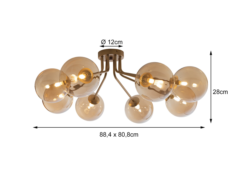 LED Deckenleuchte 8 flammig Messing - Glaskugeln Amber 88x80cm