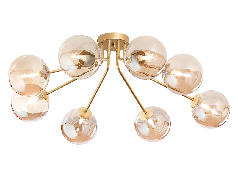 LED Deckenleuchte in Gold mit 8 Glaskugeln Bernsteinfarbig, Breite 88cm