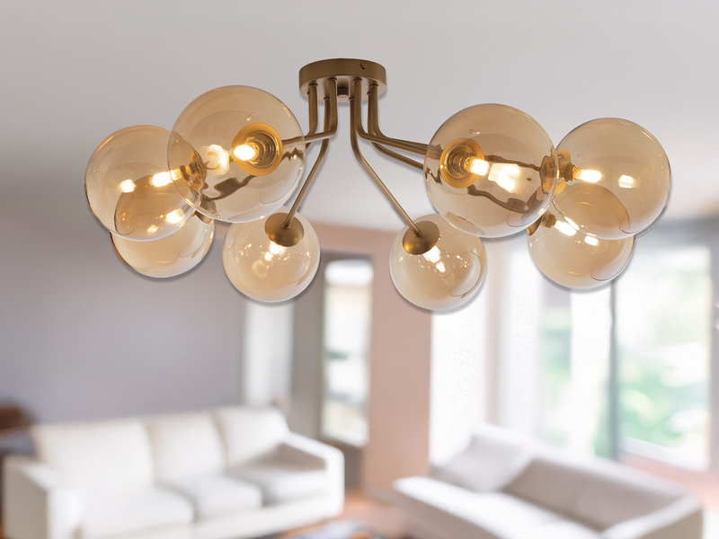 LED Deckenleuchte in Gold mit 8 Glaskugeln Bernsteinfarbig, Breite 88cm