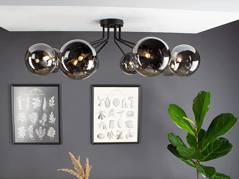 LED Deckenleuchte Schwarz mit 8 Glaskugeln Rauchglas, Breite 88cm