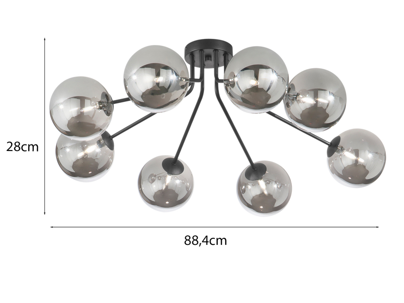 LED Deckenleuchte Schwarz mit 8 Glaskugeln Rauchglas, Breite 88cm