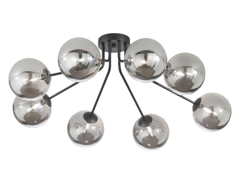 LED Deckenleuchte Schwarz mit 8 Glaskugeln Rauchglas, Breite 88cm