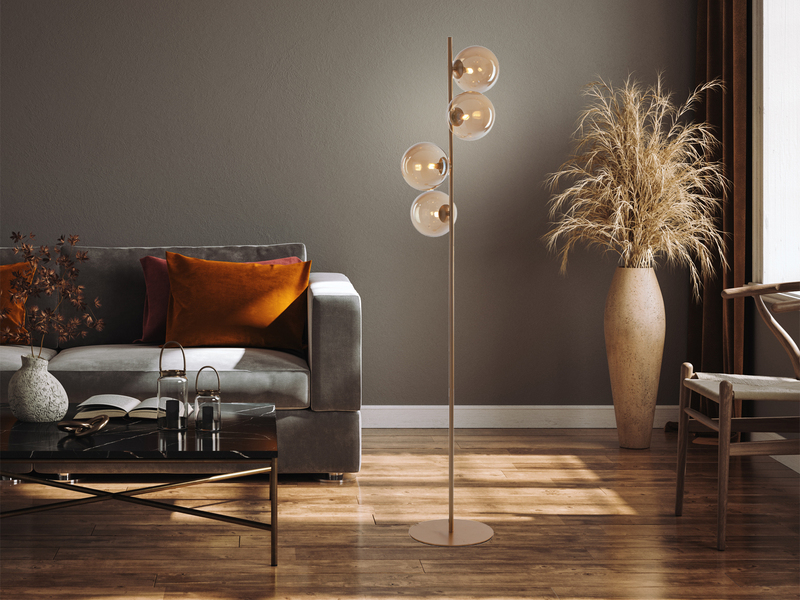 Ausgefallene LED Stehlampe mehrflammig Gold - Glaskugeln Bernstein Höhe 160cm