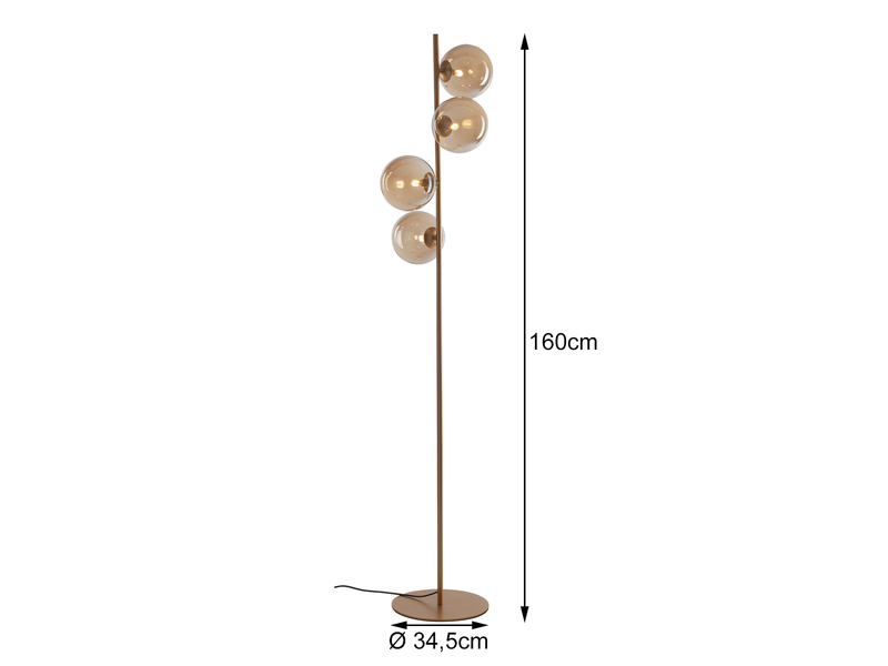 Ausgefallene LED Stehleuchte Messing - Glaskugeln Amber, Höhe 160cm