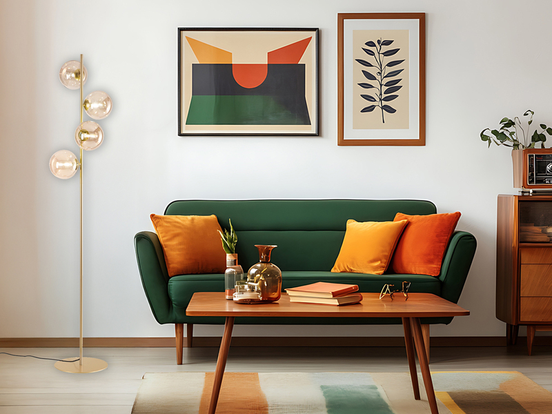 Ausgefallene LED Stehlampe mehrflammig Gold - Glaskugeln Bernstein Höhe 160cm