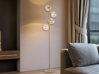 Ausgefallene LED Stehlampe mehrflammig Gold - Glaskugeln Bernstein Höhe 160cm