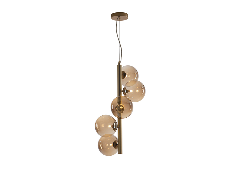 LED Pendelleuchte 5-flammig in Messing mit Amber Glaskugeln lang, Höhe 183cm
