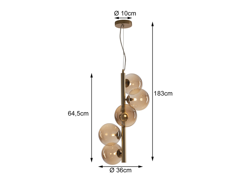 LED Pendelleuchte 5-flammig in Messing mit Amber Glaskugeln lang, Höhe 183cm