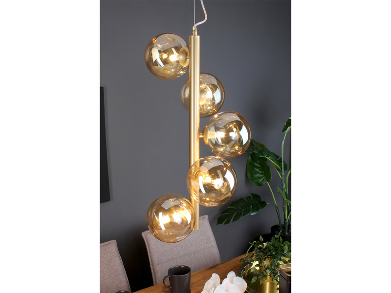 LED Pendelleuchte 5-flammig in Messing mit Amber Glaskugeln lang, Höhe 183cm