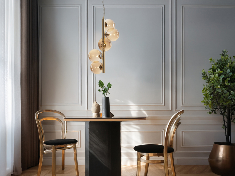 LED Pendelleuchte 5-flammig Gold-Glaskugeln Bernsteinfarbig, Höhe 183cm