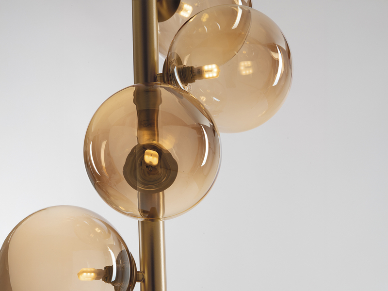 LED Pendelleuchte 5-flammig Gold-Glaskugeln Bernsteinfarbig, Höhe 183cm