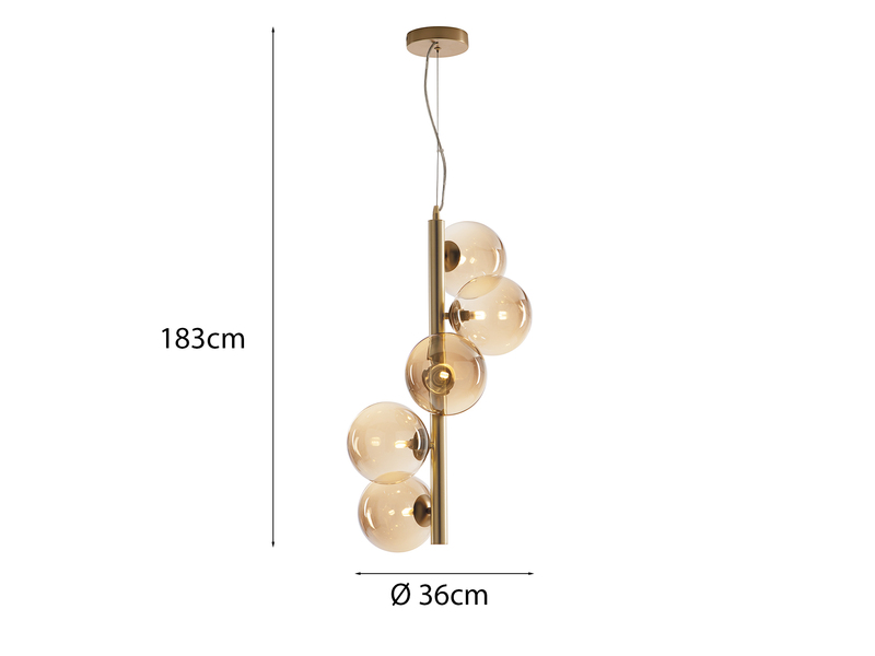 LED Pendelleuchte 5-flammig Gold-Glaskugeln Bernsteinfarbig, Höhe 183cm