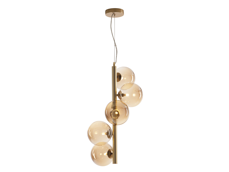 LED Pendelleuchte 5-flammig Gold-Glaskugeln Bernsteinfarbig, Höhe 183cm