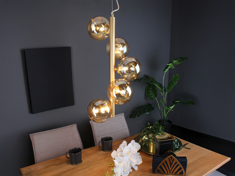 LED Pendelleuchte 5-flammig Gold-Glaskugeln Bernsteinfarbig, Höhe 183cm