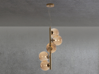 LED Pendelleuchte 5-flammig in Messing mit Amber Glaskugeln lang, Höhe 183cm