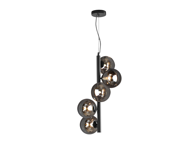 LED Pendelleuchte 5 flammig in Schwarz mit Rauchglas Kugeln lang, Höhe 183cm