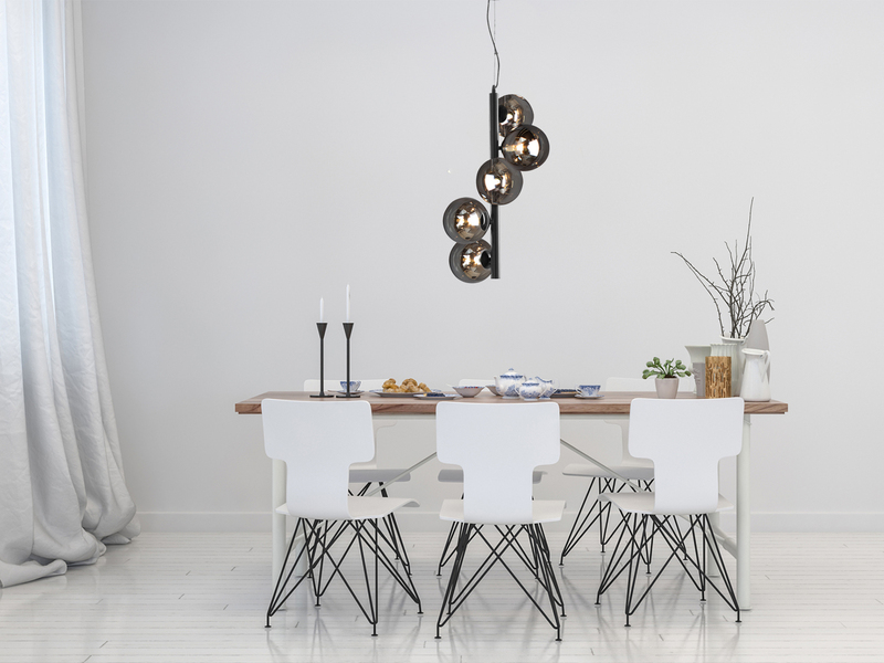 LED Pendelleuchte 5 flammig in Schwarz mit Rauchglas Kugeln lang, Höhe 183cm
