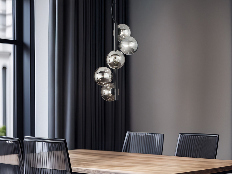 LED Pendelleuchte 5 flammig in Schwarz-Glaskugeln Rauchglas, Höhe 183cm